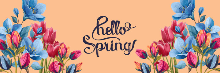 Elegant spring floral horizontal banner with hand drawn tulip and daffodil charcoal sketch beautiful botanical vector background for seasonal celebrations © Nahlnarendra