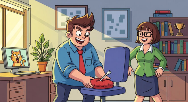 Man pranks coworker with whoopee cushion on office chair at workplace
