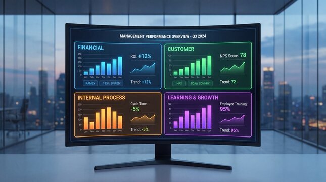 Digital interface displaying management performance overview with colorful balanced scorecard metrics and graphs in a modern office space