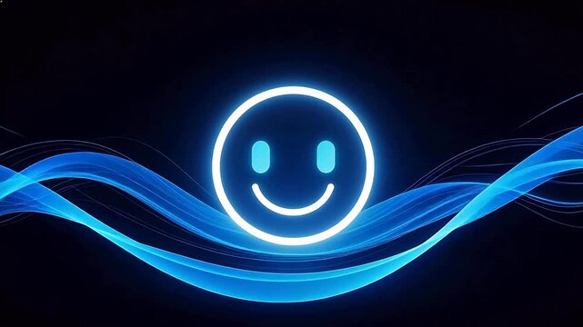 Glowing neon smiley face icon surrounded by flowing blue energy waves on dark background &mdash; futuristic digital happiness, AI emotion, tech positivity concept