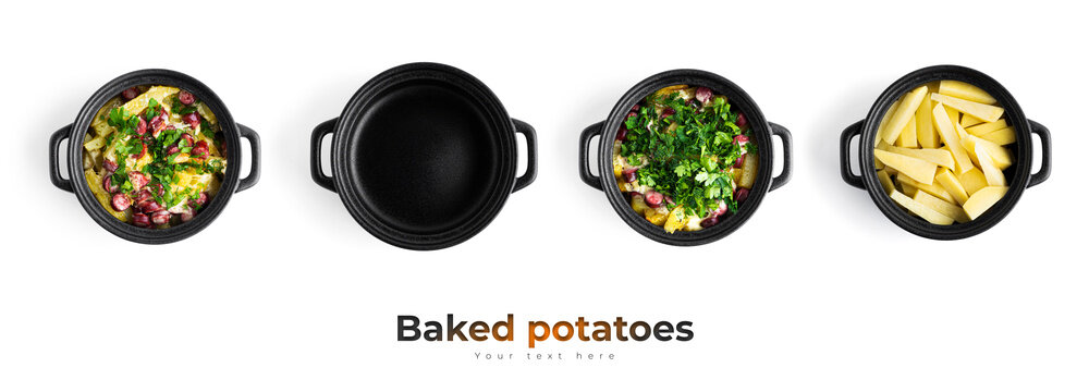 Baked potatoes with sausages, cheese and herbs. Potatoes in a black saucepan. High quality photo