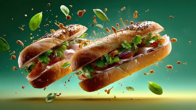 Artisan Baguette Submarine Sandwiches with Fresh Herbs and Sauce Splas
