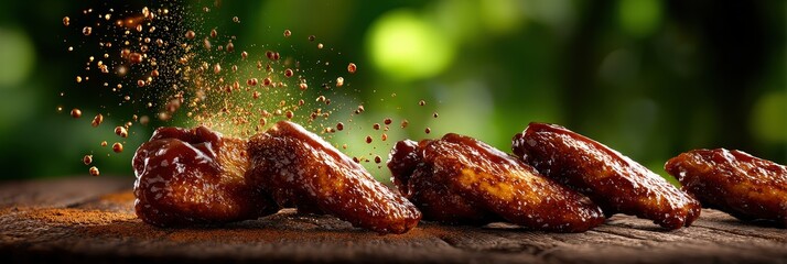 Crispy Glazed BBQ Chicken Wings with Flying Spices Action Shot