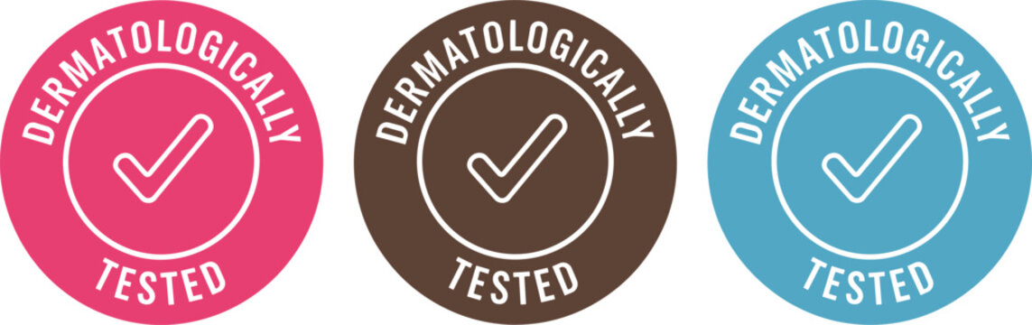Dermatologically tested badge set with check mark icon round cosmetic quality label skincare product certification vector illustration collection