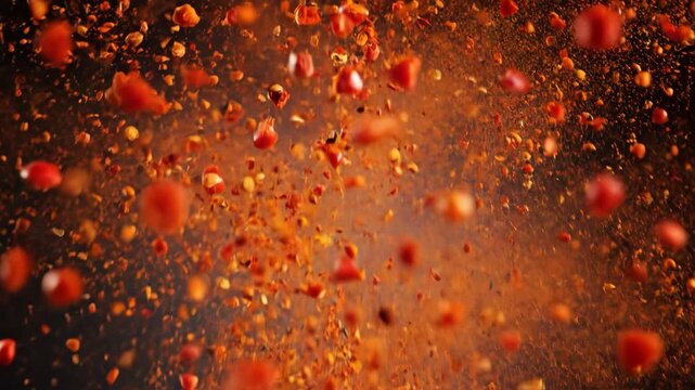 Spicy red pepper chili flakes food ingredient against dark background, food photography.