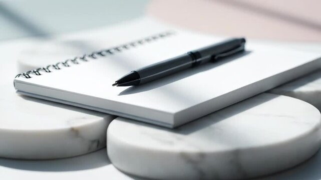 Blank notepad and pen on marble coasters, perfect for writing, notes, and ideas.