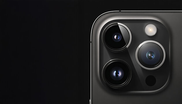 Close up of smartphone or tablet camera lens. Smartphone with triple lens camera on black background. Copy space