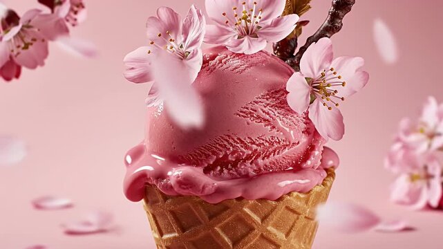 Delicate Pink Ice Cream in a Waffle Cone Adorned with Floating Blossom Petals
