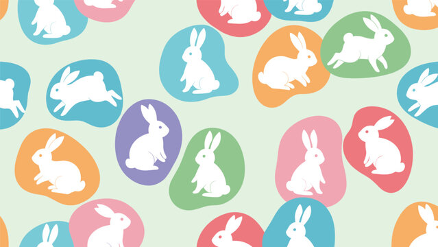 Seamless pattern of white rabbit silhouettes inside colorful organic blobs, creating a playful Easter and spring-themed background for children's designs.