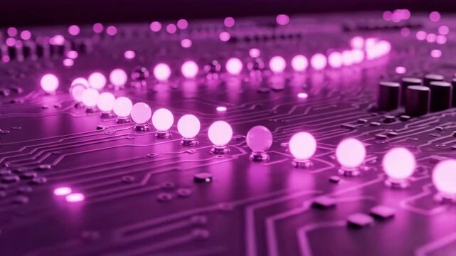 A close-up of a circuit board with glowing pink LED lights and microelectronic components