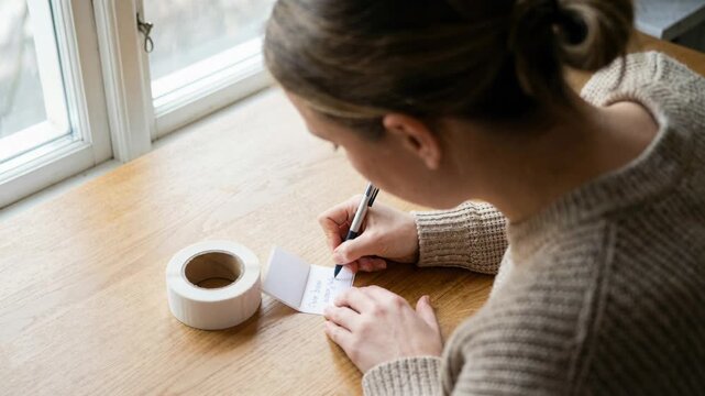 Woman writing note by window. Making a message on paper, creating personal expression and heartfelt emotion.