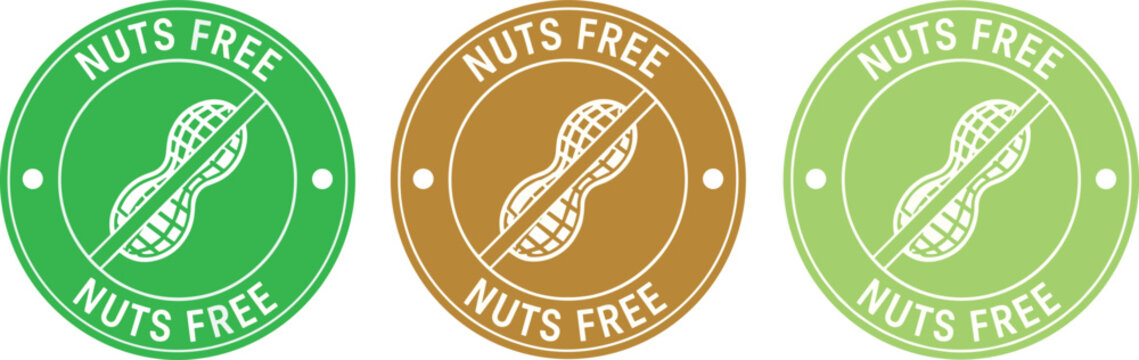 Nuts free round badge labels with peanut allergy free symbol green and brown food packaging sticker icons vector set