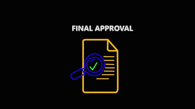 Final approval documents with check marks and magnifying glass verification for business workflow and corporate decision-making processes. 4k video
