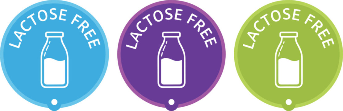 Lactose free round label badges with milk bottle icon colorful dietary product sticker set for food packaging vector illustration