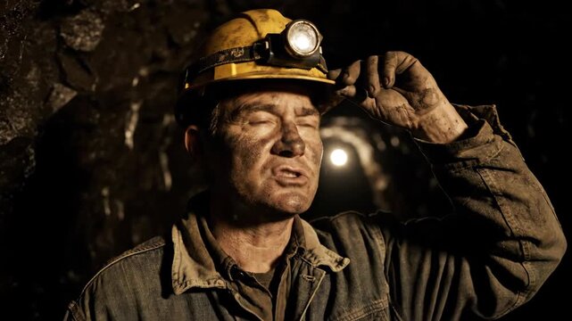 Mining industry: One senior person, coal miner with headlamp and hardhat underground in dark mine shaft, wearing denim jacket. 