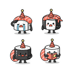 Cute sushi characters with different emotions wearing Santa hats on white background © Kamal