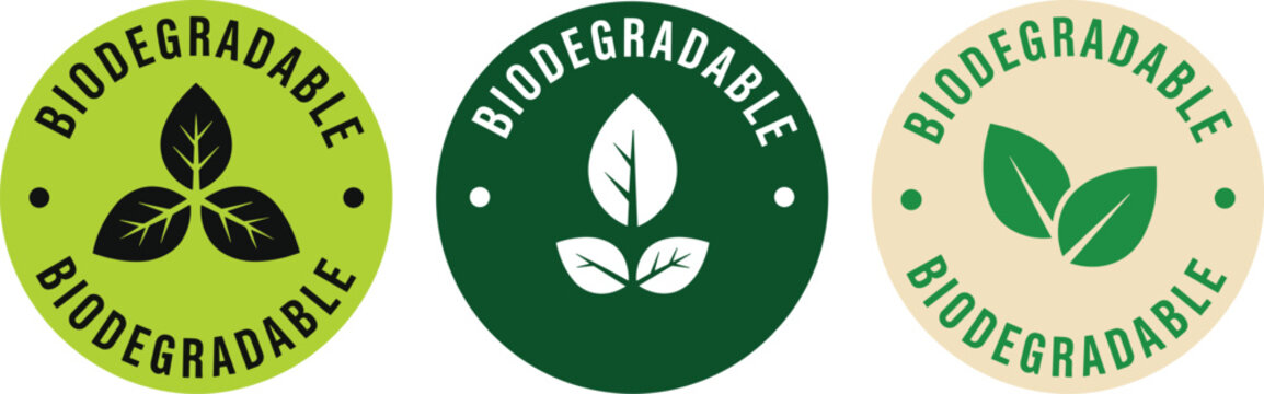 Biodegradable eco label badge set with green leaf symbol sustainable packaging environmental friendly product vector illustration collection