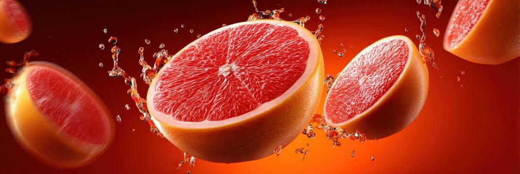 Fresh Pink Grapefruit Slices with Juice Splashes on Red Background