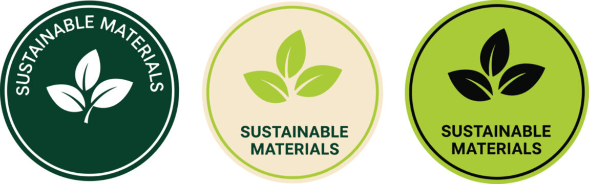 Sustainable materials eco badge collection with green leaf symbol environmental label organic product certification vector illustration set