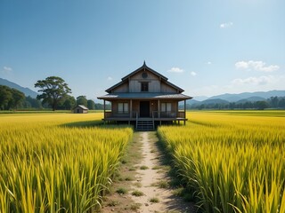 Traditional wooden home surrounded by golden rice fields under clear blue skies. Ideal for agriculture campaigns, eco-tourism, rural lifestyle content, and nature-focused marketing visuals.