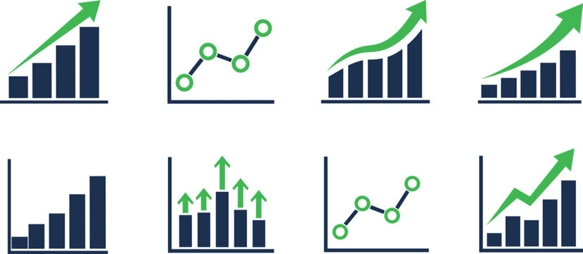 Business growth chart icons set upward trend analytics bar graph and line chart progress vector illustration