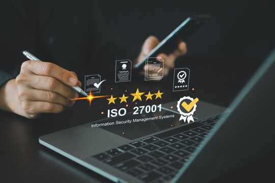 ISO 27001 concept. Businesswoman with ISO 27001 certified for information security management system (ISMS). requirements, certification, management, standards	