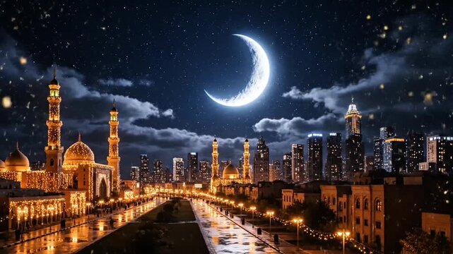 Cinematic night city decorated with warm festive lights, glowing crescent moon above skyline, subtle moving clouds, golden particles floating gently, peaceful yet celebratory Eid atmosphere, smooth sl