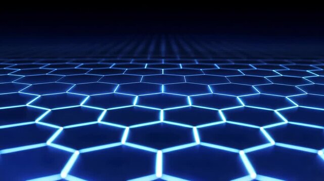 Glowing blue hexagonal grid pattern stretches into the distance on a dark background for use as a high tech digital texture.