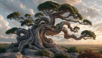 Naklejka premium Twisted ancient bonsai tree silhouette at golden sunset over serene landscape with dramatic clouds and warm lighting