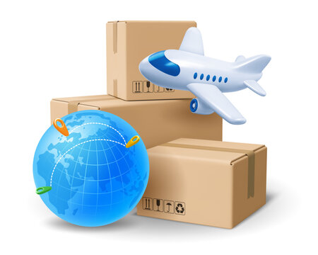 Fast, express delivery, airmail concept. Worldwide delivery conceptual design. Cardboard boxes, parcels, with blue Earth globe and flying plane. Transport logistics. 3d vector illustration