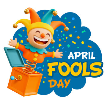 April Fools Day label or sticker with laughing jester popping from box. Bright, cheerful Jack in the box, colorful confetti and text creating fun, festive, and humorous mood. 3d vector illustration