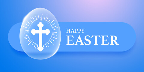 Happy Easter greeting label template. Elegant, modern design with glassmorphism effect. Transparent glassy egg with cross and typography on blue background. Vector illustration © Pagina
