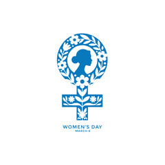 A stylized blue image depicting a woman s profile within a floral venus symbol design