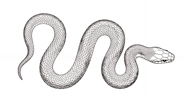 Snake line art drawing featuring detailed scales and a curved body. Designed as a high-quality asset for tattoo inspiration, engraving styles, or educational biological illustrations