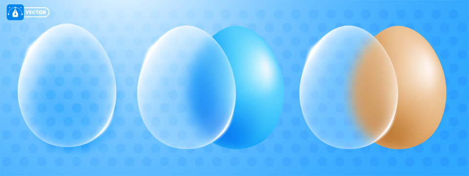 Happy Easter greeting icon set. Elegant, modern design with glassmorphism effect. Transparent glassy Easter egg with copy space and simple colored eggs. Vector illustration