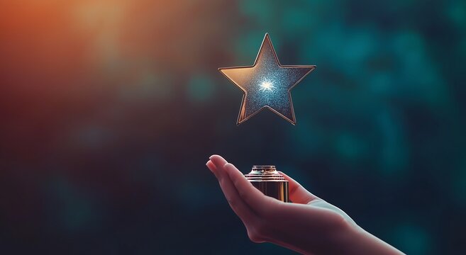 A Hand Reaches Up Releasing a Glimmering Star Ornament into a Mystical, Ethereal, and Enchanting Outdoor Scene.