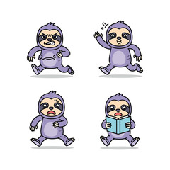 Cute cartoon sloth character set with different actions and expressions on white background