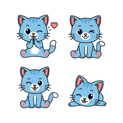 Fototapeta premium Cute blue cartoon cats showing emotions on white background