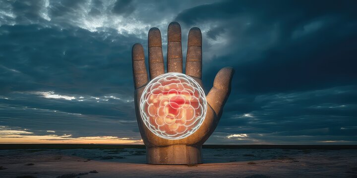 Ancient stone hand statue with glowing holographic cell, biotechnology science and digital technology concept background with copy space for medical research presentation