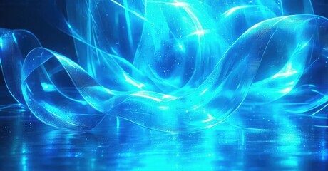 Bright blue energy flows, swirling ribbons illuminate dark space. Light reflects off glossy surface, creating dynamic visual effect.