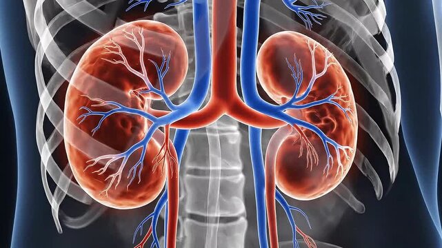 Human Kidney Anatomy with Blood Vessels Animation, Medical X-ray Scan of Renal System, Biological Function of Urinary Organ