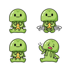 Cute cartoon jellyfish with starfish in various poses on white background © Shahina