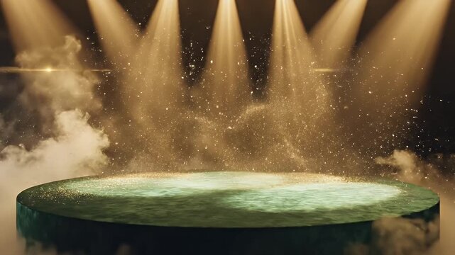 A dramatic stage scene featuring a green casino table under theatrical spotlights