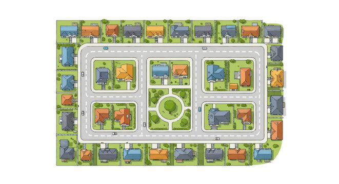 Overhead View of a Colorful Cartoon Town Map with Roads and Buildings.