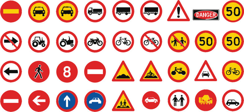 Traffic regulation and road safety icon set featuring speed limits no entry warnings and vehicle prohibition signs for urban transport design.