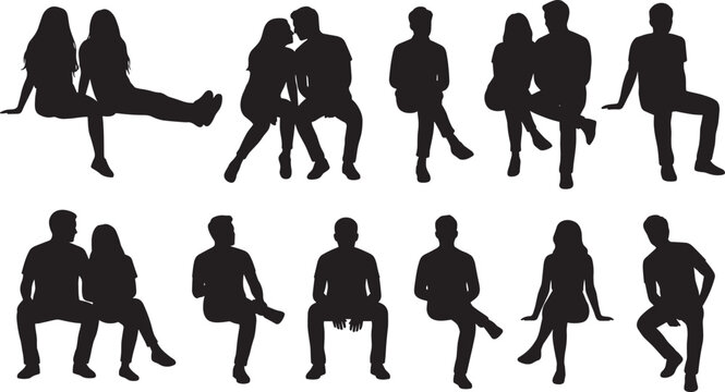 Couple and single people sitting silhouette set, romantic and casual poses isolated on white background