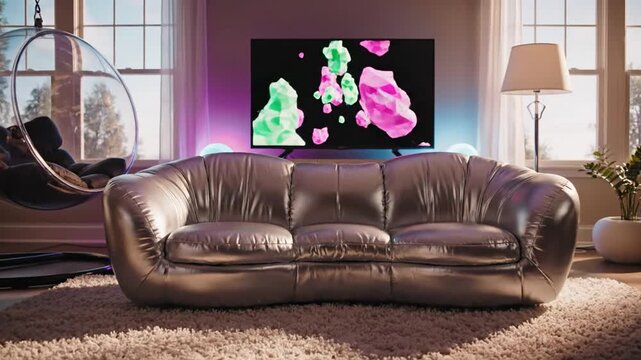 Modern living room with silver sofa, bubble chair, and colorful TV