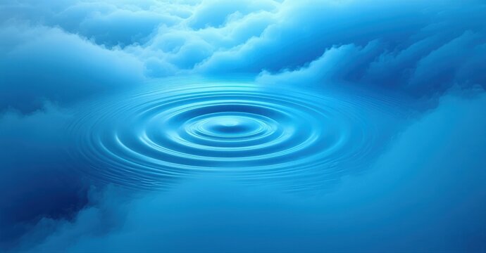 Blue water ripples radiate outward. Sky blends with liquid surface, creating serene, calming effect. Light shines through clouds.