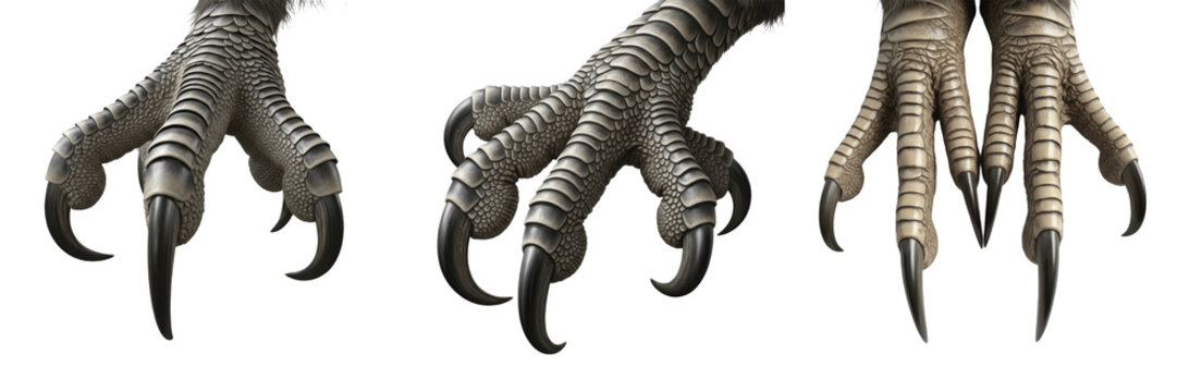 Best Selling Title:
Set of three powerful bird of prey talons showing detailed grey scales and sharp black claws isolated on white
