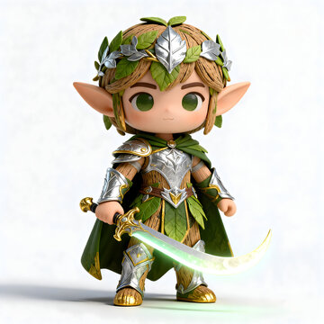 chibi elite moon elf warrior, silver leaf armor